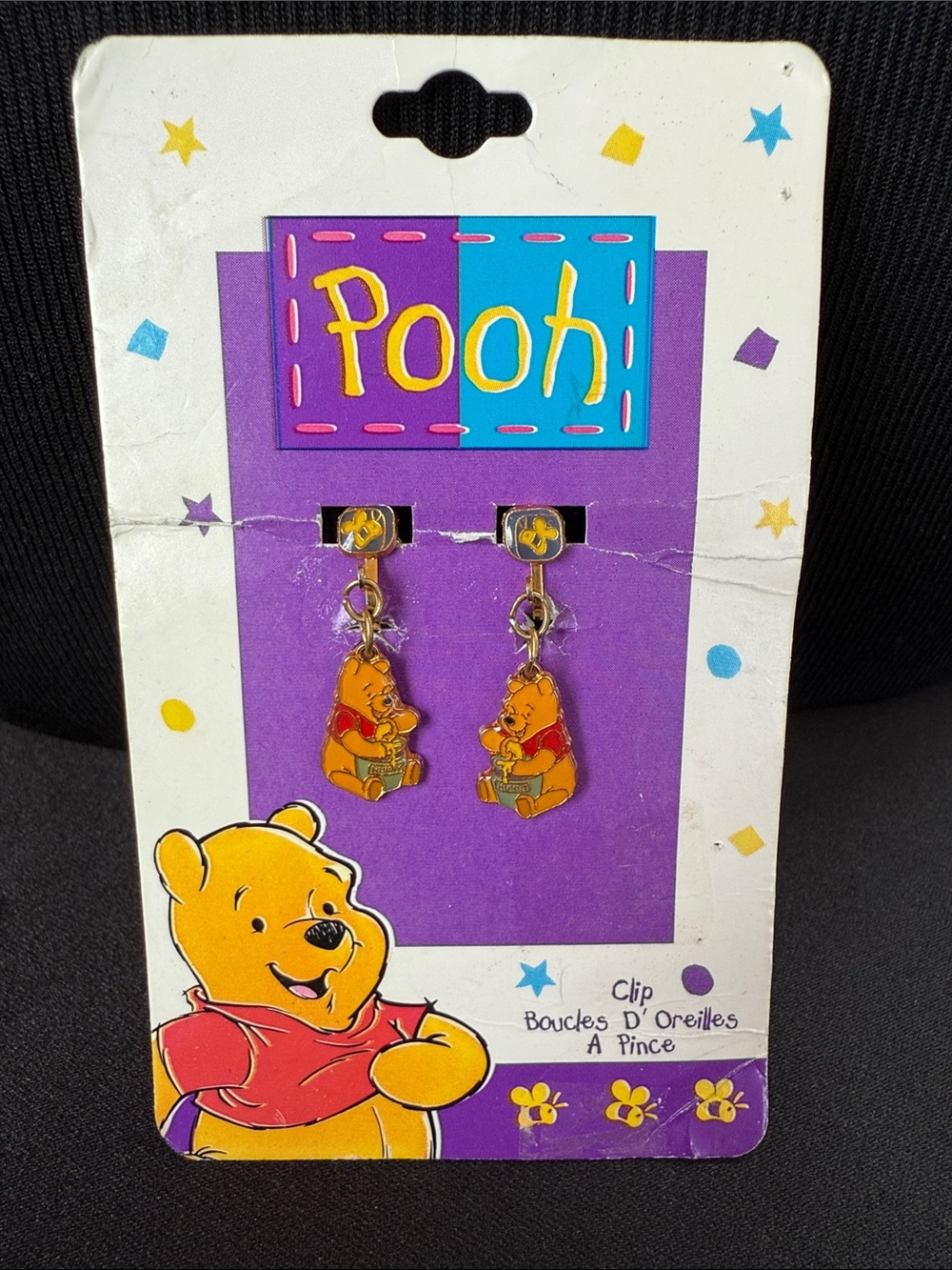 Vintage Winnie the Pooh Dangle clip on Earrings - Yellow & Red